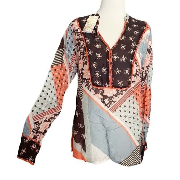 NEW Johnny Was Roslyn Toni Blouse Women's S Multi Pattern Orange Brown Gray Boho - Picture 1 of 9